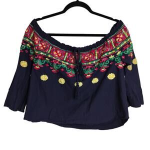 4639) Sorento On/Off Shoulder Navy Embroidery Cropped Peasant Boho Top Large